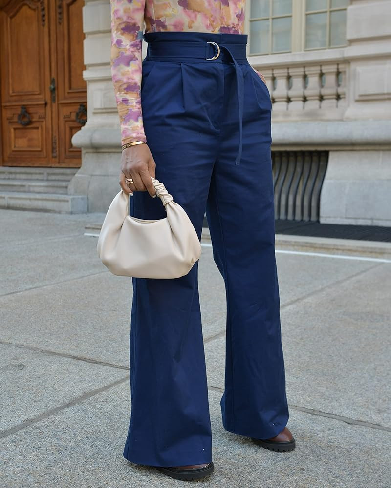 The Drop Women's Navy High Waist Belted Wide Leg Pant by @karenbritchick | Amazon (US)