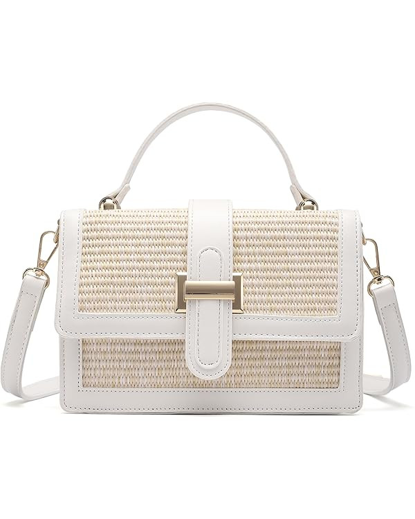 Straw Crossbody Bag, Vegan Leather Patchwork Summer Purse with Top Handle, Small Woven Bag for Be... | Amazon (US)