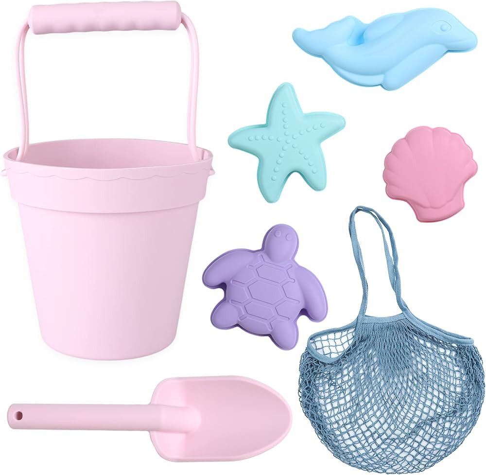 BLUE GINKGO Silicone Beach Toys - Modern Travel Friendly Beach Set | Bucket, Shovel, 4 Sand Molds, B | Amazon (US)
