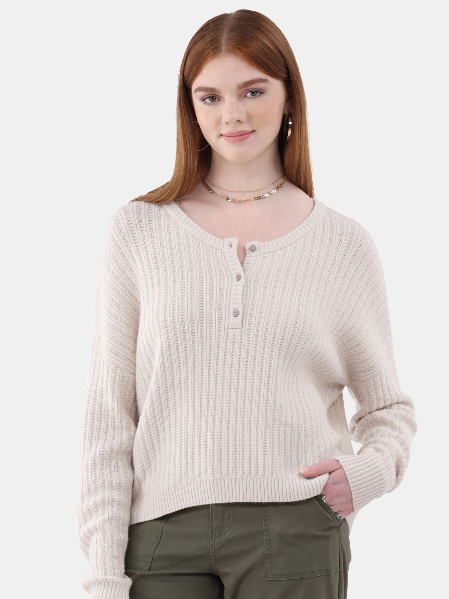 No Boundaries Henley Sweater, Women's | Walmart (US)