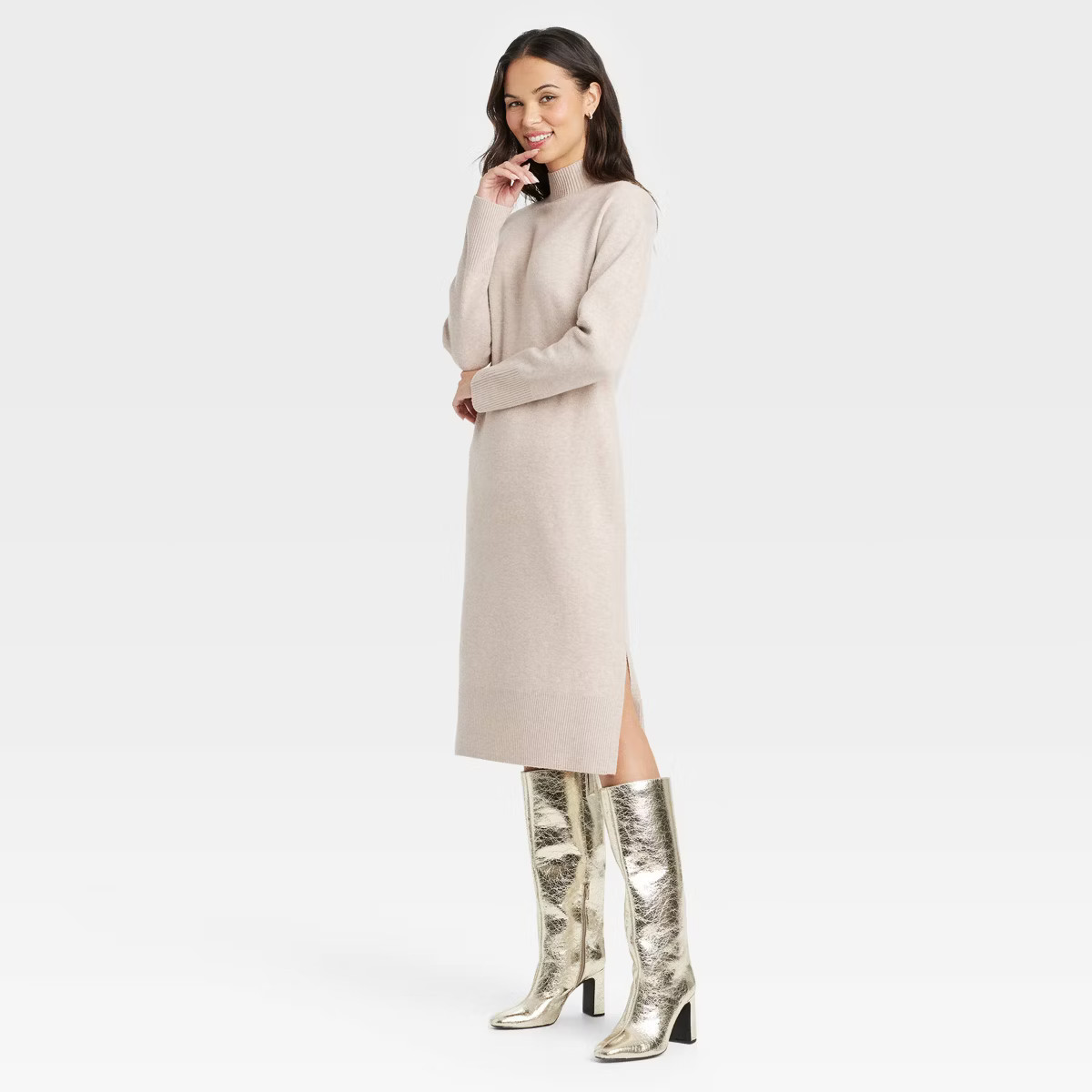 Women's Long Sleeve Midi Sweater Dress - A New Day™ Taupe S | Target