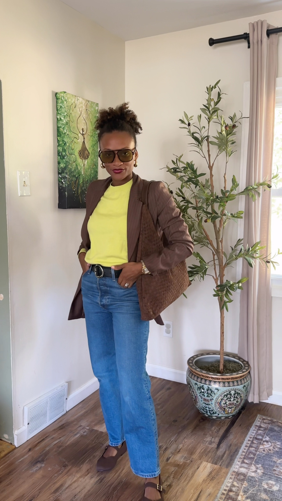  10/20/25 ootd inspiration.  Styling espresso brown and my brown suede bag