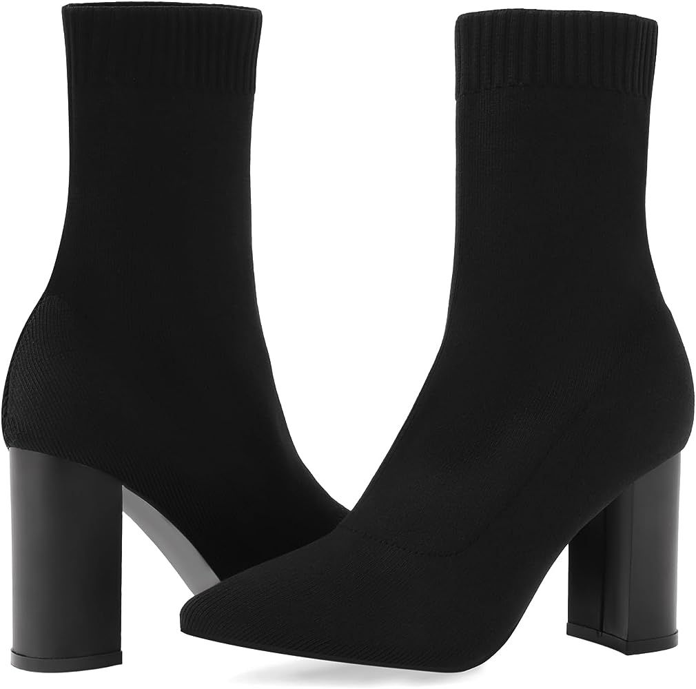 Shoe'N Tale Women's Knit Sock Ankle Boots Pointed Toe Clear Mid Heel Slip-on Stretch Booties Shoe... | Amazon (US)