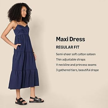 Amazon.com: Amazon Essentials Women's Regular-Fit Cotton Sateen Thin Strap Tiered Maxi Dress, Ora... | Amazon (US)