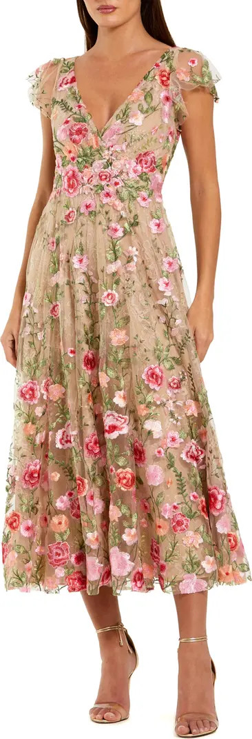 Embroidered Cap Sleeve V Neck Ankle Dress | Nordstrom