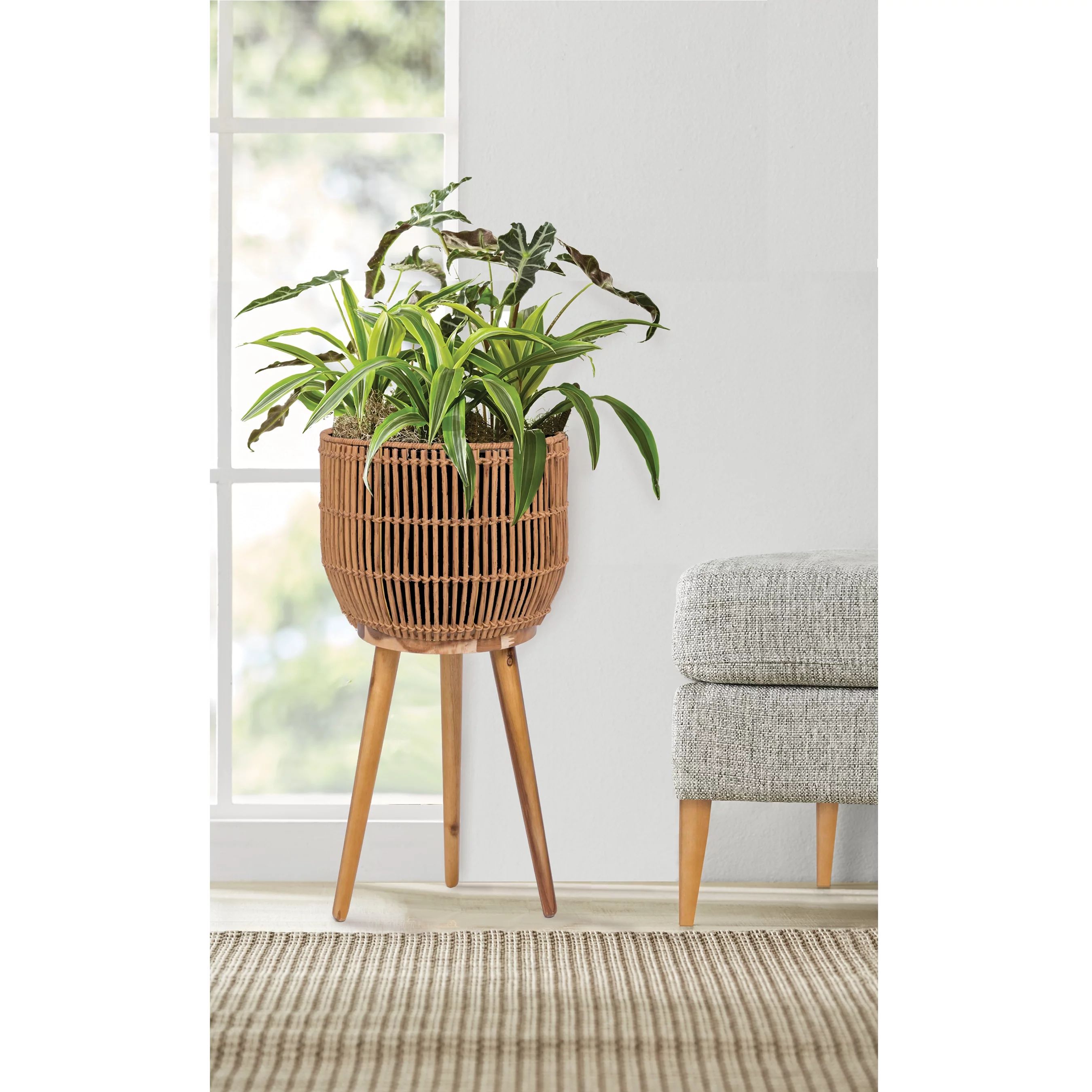Better Homes & Gardens Brown Round Resin Planter & Stand Set with Wood Legs | Walmart (US)