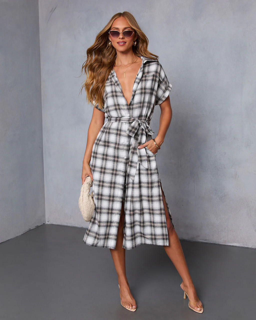 Janai Plaid Waist Tie Midi Shirt Dress | VICI
