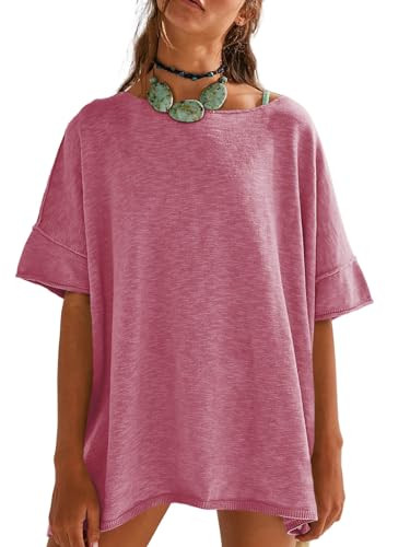 Tankaneo Women's Oversized T Shirts Casual Summer Crew Neck Loose Dropped Short Sleeve Side Slit ... | Amazon (US)