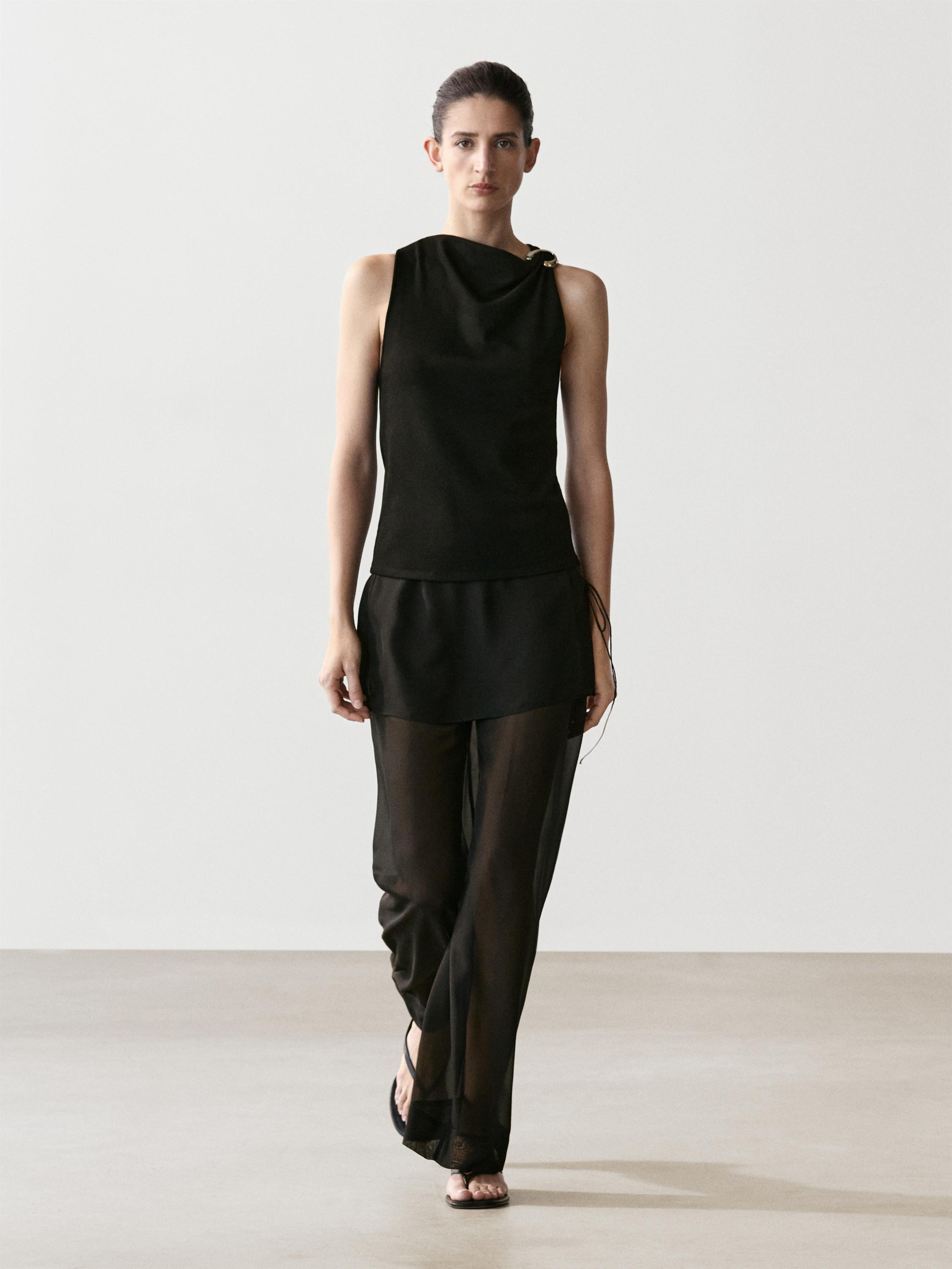 Draped neckline top with brooch detail | Massimo Dutti UK