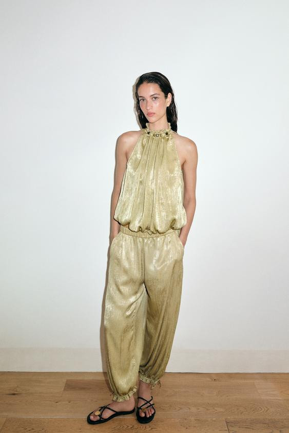 Zara - Beaded Collar Top - Olive Green - S - Woman | Zara US