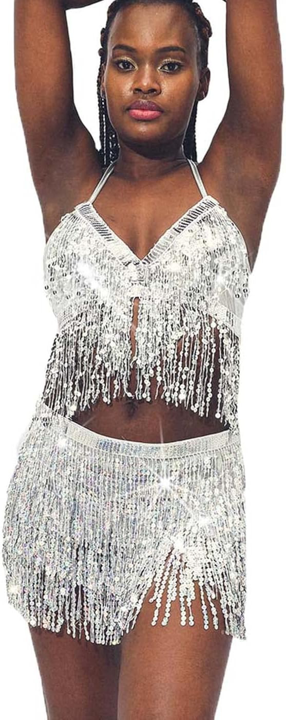 Zoestar Sequin Hip Scarf with Bra Top Dance Performance Costume Tassel Belly Dance Skirt for Wome... | Amazon (US)