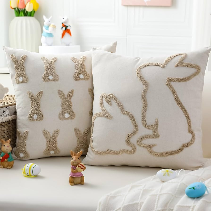 Easter Bunny Pillow Covers 18x18 Inch Set of 2 Bunny Embroidery Throw Pillow Covers Spring Festiv... | Amazon (US)