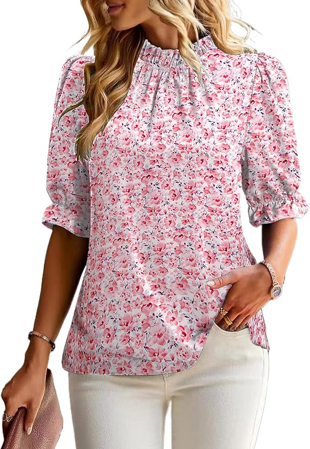 ZILIN Women's Summer Boho Floral Shirt Top Ruffle Mock Neck Puff Short Sleeve 2026 Casual Blouses | Amazon (US)