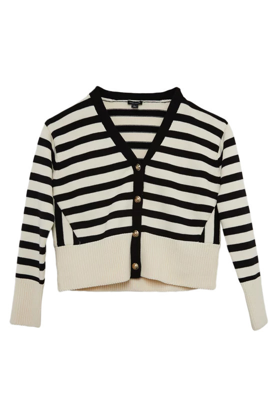 Cotton V Neck Knit Boxy Striped Cardigan | Karen Millen UK + IE + DE + NL