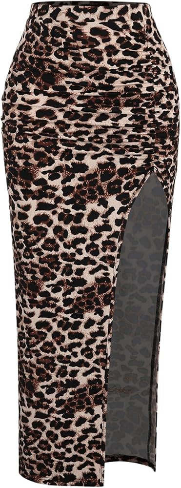 Women's Leopard Print Slit Split Maxi Skirt Ruched Y2K Long Skirts | Amazon (US)