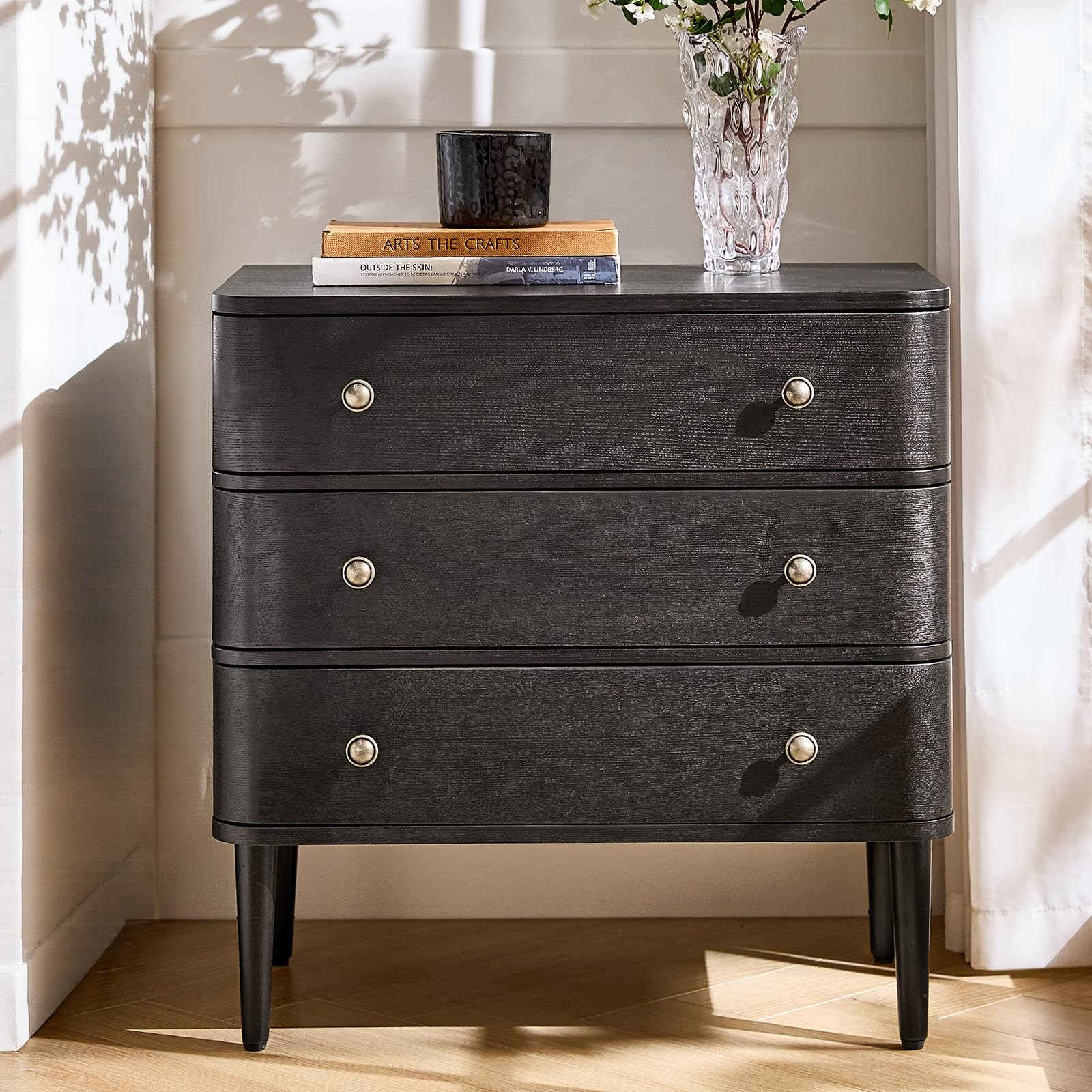 HULALA HOME Modern End Table with Charge Station, 3 Drawer Wood Side Table with Solid Wood Legs &... | Amazon (US)