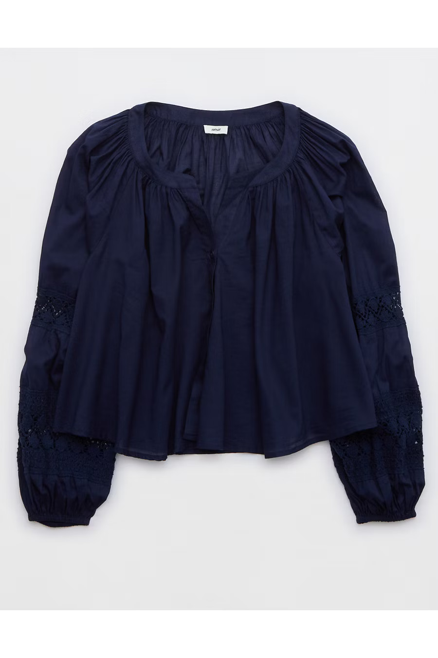 Aerie Long Sleeve Crochet Button Down Shirt Women's Navy L | Aerie
