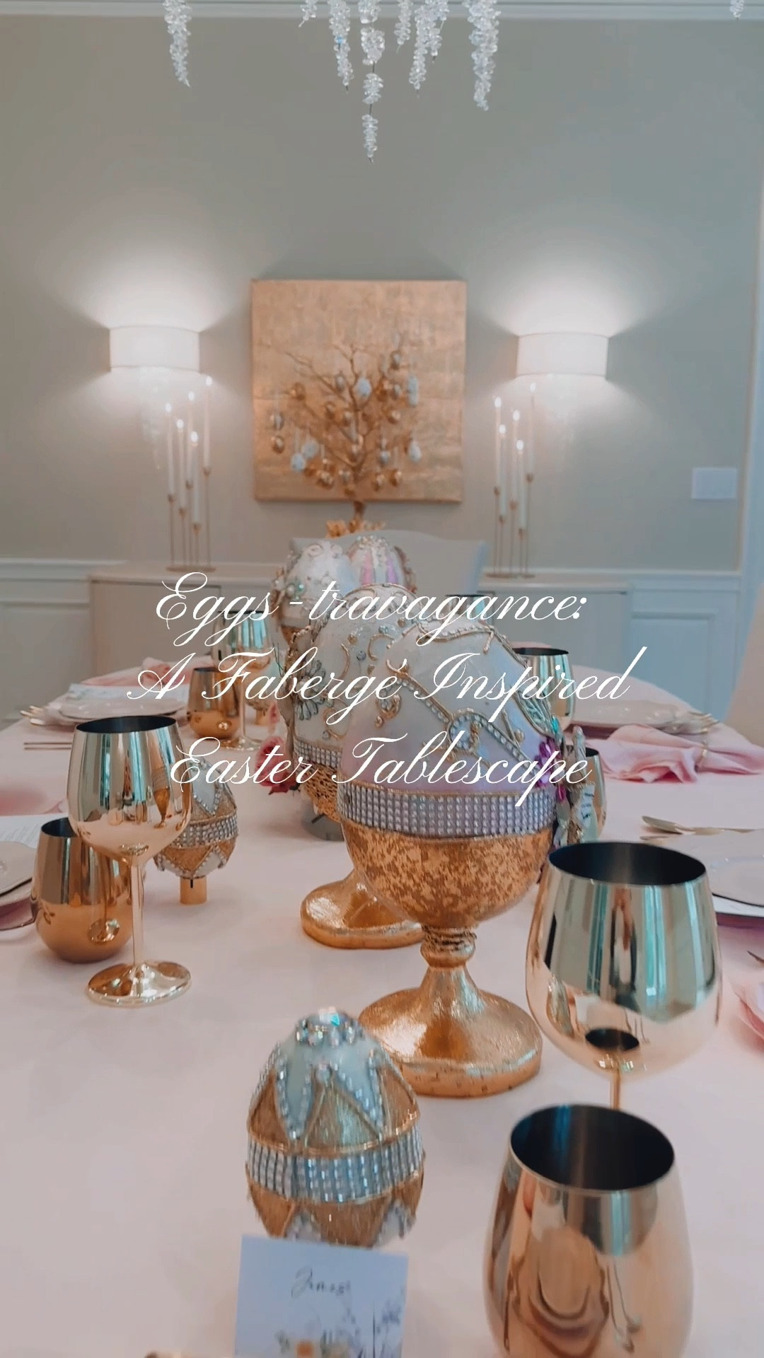 Let’s take a glamorous stroll down memory lane, shall we? Fabergé eggs, my dears, are not merely collectibles; they are my passport to a world of intrigue and unparalleled craftsmanship. Each miniature I’ve lovingly chosen from Russia, and the necklace that dangles Fabergé charms around my neck, whisper stories of tsars and opulence, of artistry that dances under the lamplight.
So, imagine the flutter in my heart, the skip in my step, when I happened upon these jeweled Fabergé-inspired Easter egg decorations. It wasn’t just an “Oh, how lovely” moment—it was a full-blown, “These beauties are coming home with me” affair. And come home they did, weaving their magic into the fabric of my sanctuary.
Now, picture this: they’re the crown jewels of an utterly exquisite tablescape that screams glamour with a capital G. It all starts with a pink linen tablecloth. This isn’t just any pink, though; it’s the kind of pink that winks at you, inviting you into a world of whimsy and warmth.
Atop this vision in pink, a clear charger with a gold rim plays its part, accompanied by the most darling light pink plates you’ve ever laid eyes on. The cutlery? Yes, it’s as modern and eclectic as it gets, each piece telling its own little story. 
And the napkins—ruffled linen, cinched with the simplest, chicest circlet napkin rings—add just the right amount of “Oh, you shouldn’t have” to the mix, a soft caress against the backdrop of sparkle and sass.
But what’s a party without a personal touch? Easter-inspired menus and place cards sit prettily at each setting, not just as guides to gastronomic delights but as keepsakes. And then, the pièce de résistance: a jeweled egg for each guest. 
At the heart, a floral centerpiece that defies the ordinary, curving and bending in an oblong acrylic vase. I used two but you can combine more for a dramatic effect. Happy Easter! 

#LTKVideo #LTKhome #LTKSeasonal