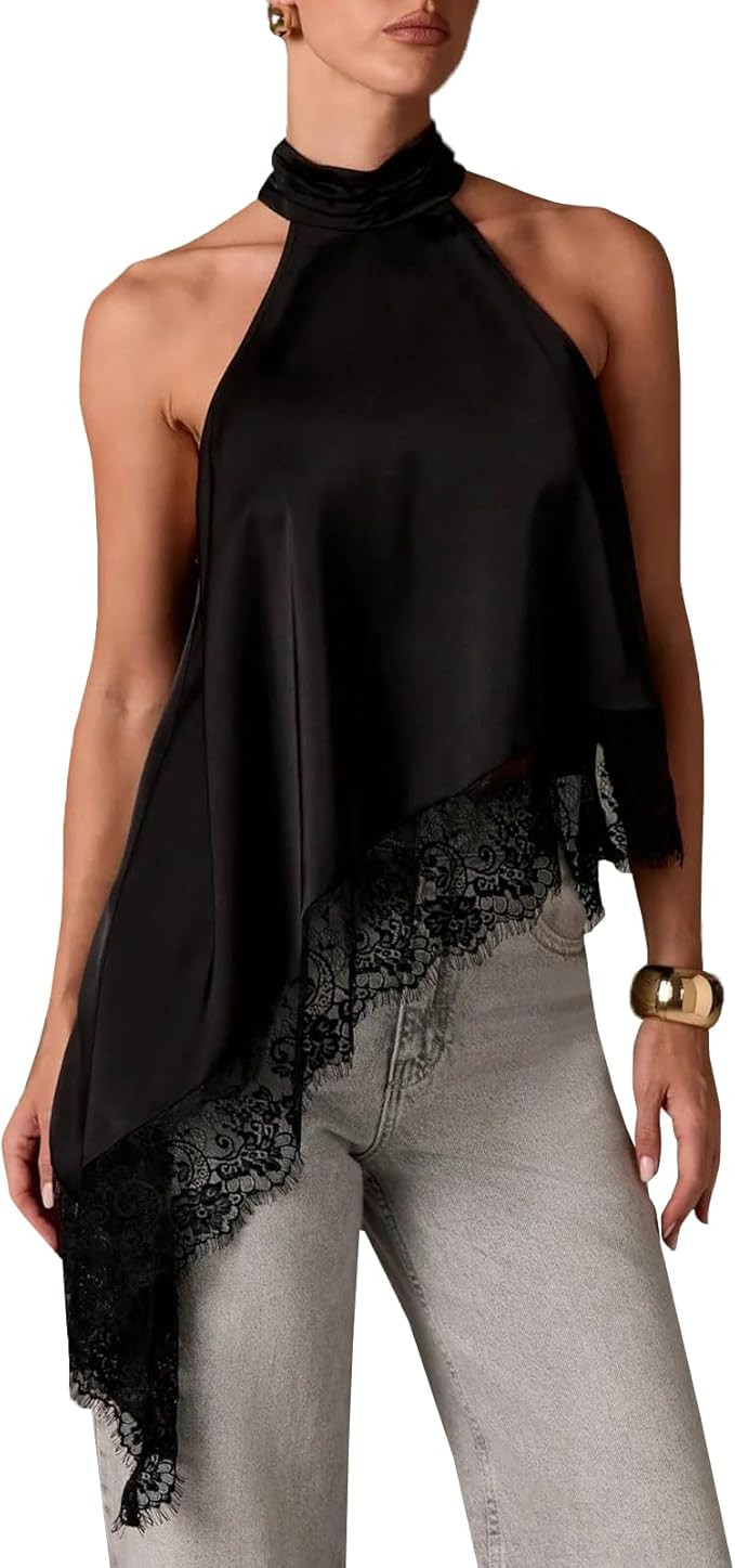 Women Satin Halter Top Y2K Mock Neck Lace Trim Asymmetrical Hem Tank Top Sleeveless Going Out Cro... | Amazon (US)