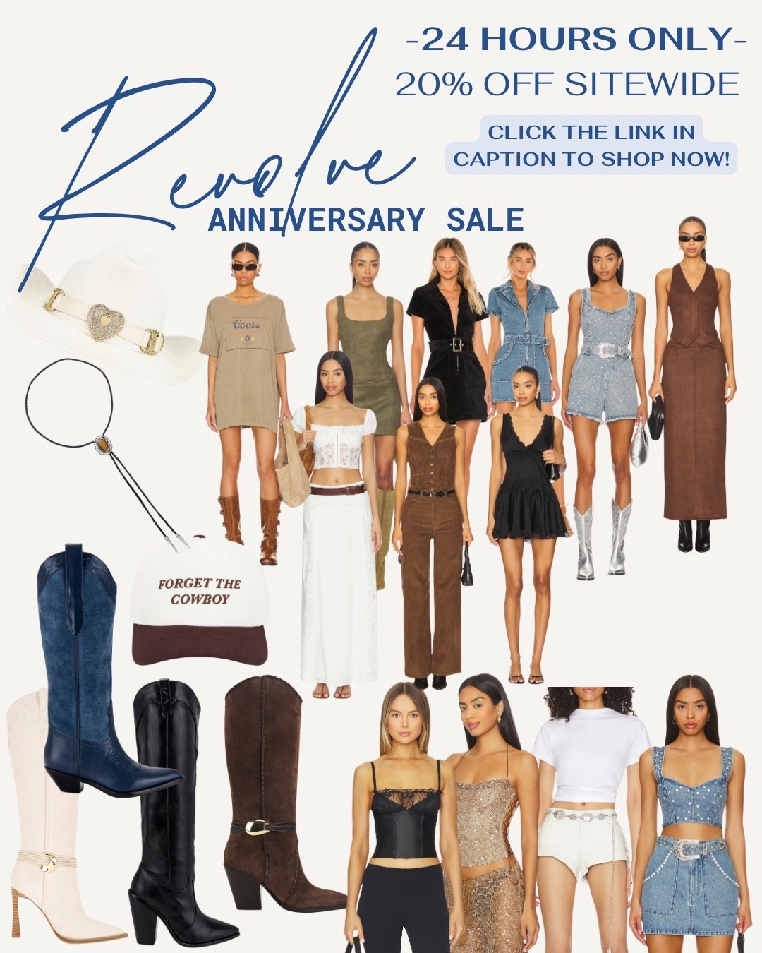 If you’re heading to a country concert, festival, or CMA Fest… this is the outfit inspo you need 🤠✨

The REVOLVE Anniversary Sale is live for 24 hours only and these western-inspired pieces are 20% off sitewide.

Think statement boots, denim, hats, and the kind of outfits that are perfect for country concerts, summer festivals, and CMA Fest in Nashville.

Use code HAPPY20 before the sale ends tonight.

Tap the link in my caption to shop all my favorites.

#RevolveSale #WesternStyle #CMAFestStyle #CountryConcertOutfit #FestivalFashion #NashvilleStyle #CowgirlStyle

#LTKhaul #LTKootd