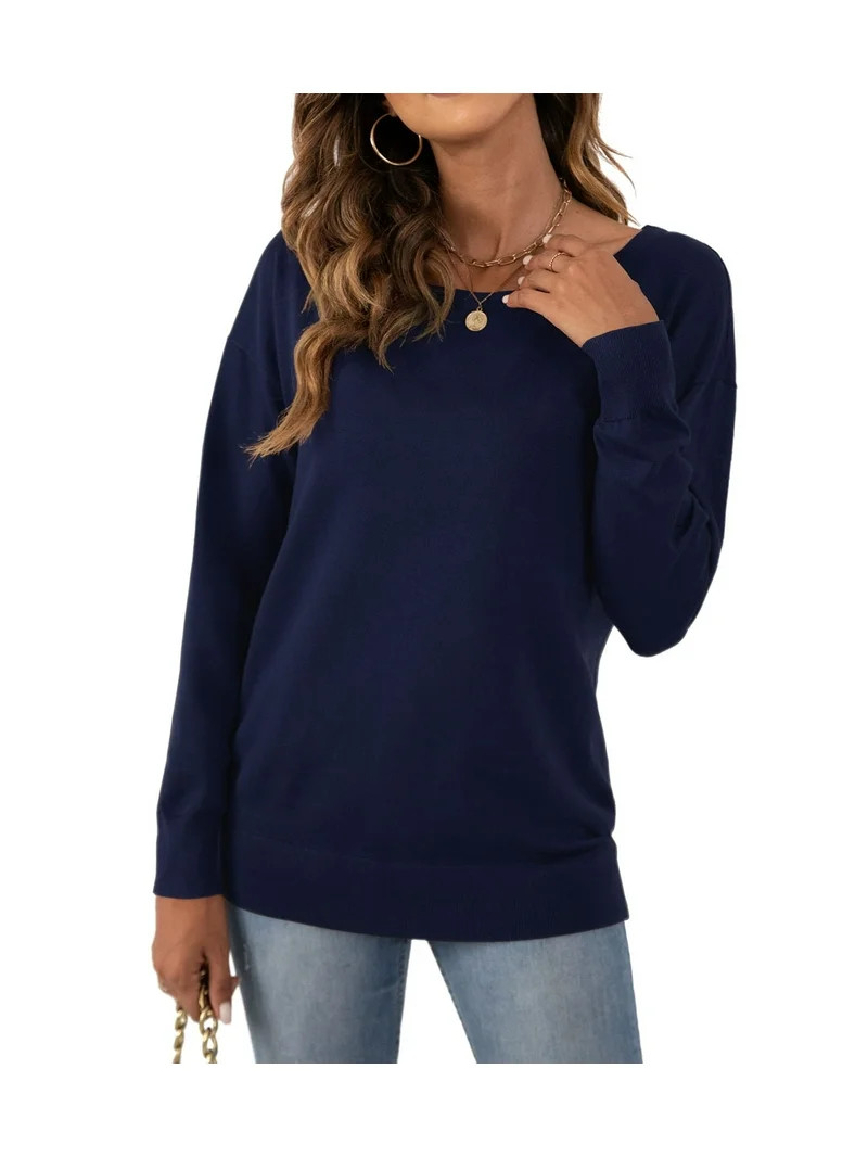 Asklazy Women's Long Sleeve Crew Neck Knitted Pullover Sweater,Navy Blue,L | Walmart (US)