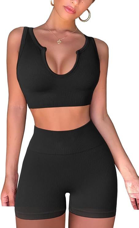 FAFOFA Seamless Workout Sets for Women Ribbed Sport Bra High Waist Running Shorts Gym 2 Piece Yog... | Amazon (US)