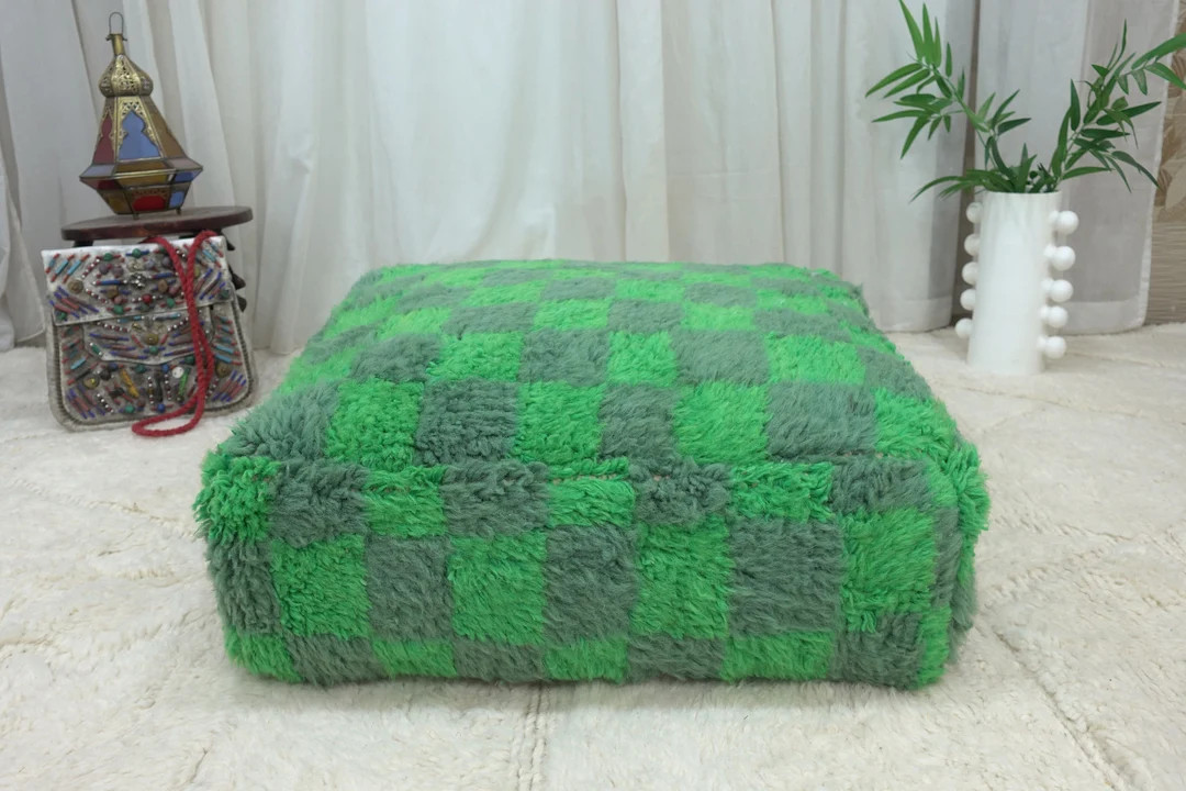 WOOL BOHO POUF, Moroccan Handmade Cactus Checkered Floor Pillow, Gorgeous Green Square Footstool,... | Etsy (UK)