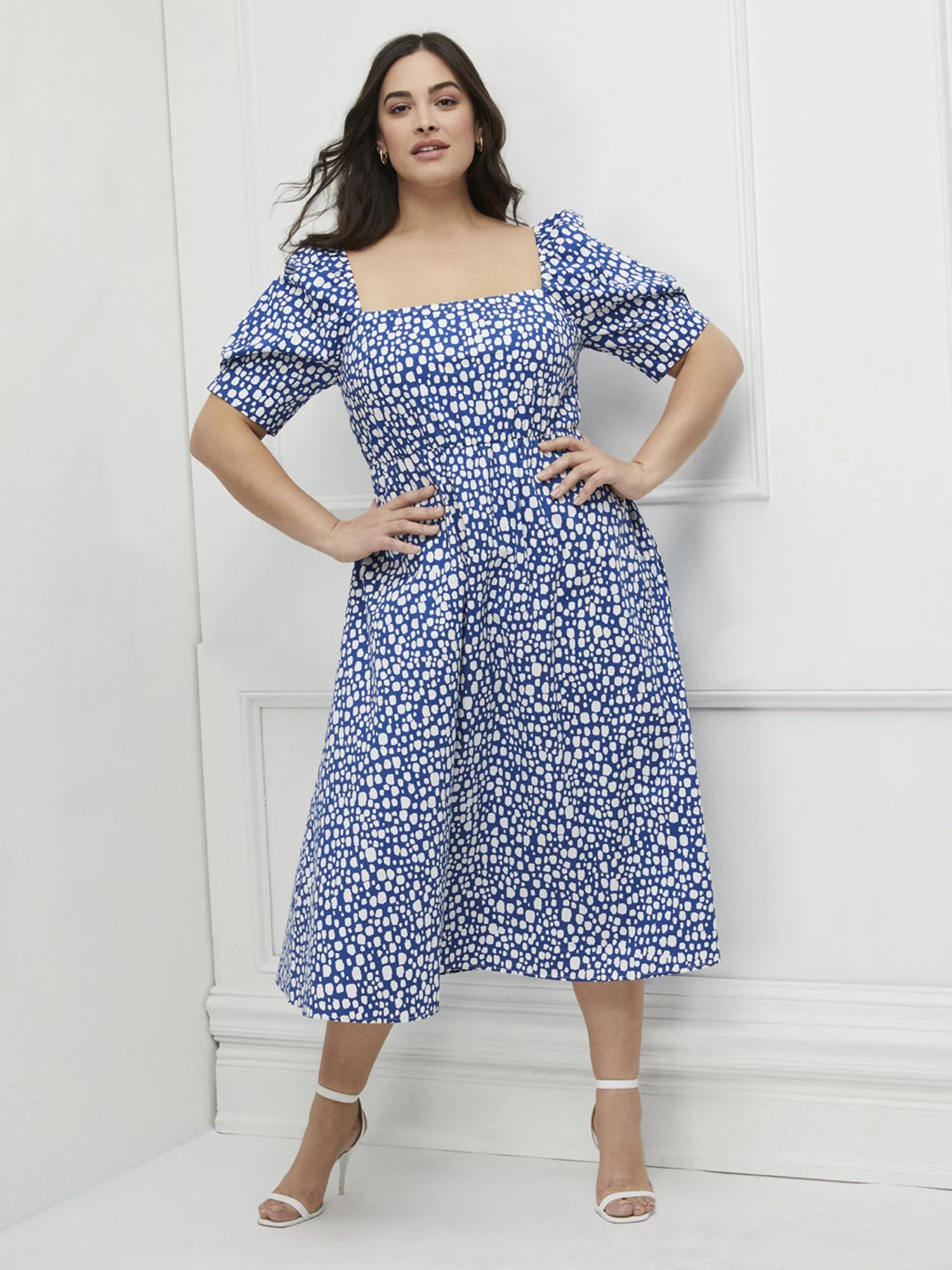 ELOQUII Elements Women's Plus Size Dot Print Fit and Flare Dress with Puff Sleeves | Walmart (US)