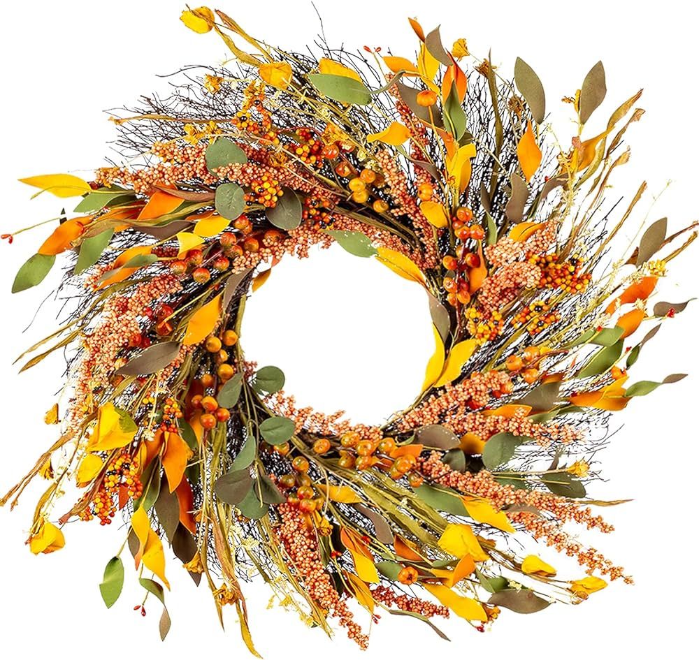 WANNA-CUL 22 inch Fall Wreath Decor for Front Door with Hawthorn,Grain,Lantern Fruit,Berries,Euca... | Amazon (US)