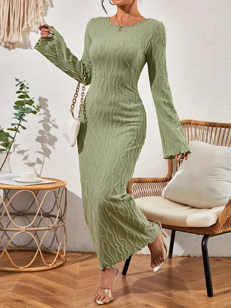 Texture Bodycon Open Back Dress, Elegant Crew Neck Long Sleeve Maxi Dress, Women's Clothing | Temu Affiliate Program