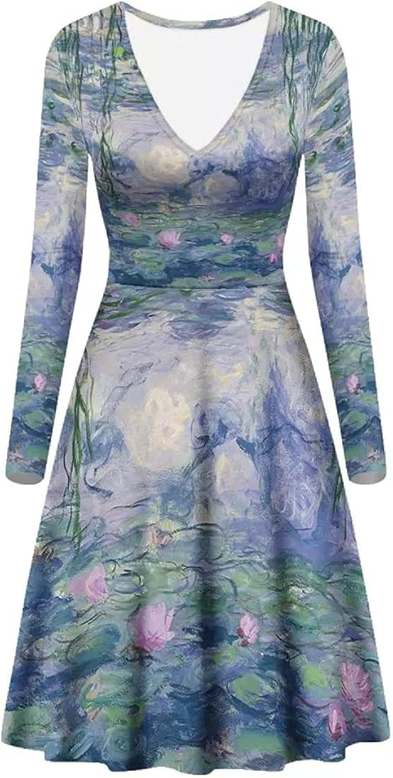 JooMeryer Women's 3D Van Gogh Painting Printed Dress V-Neck Long Sleeve Casual Dresses | Amazon (US)