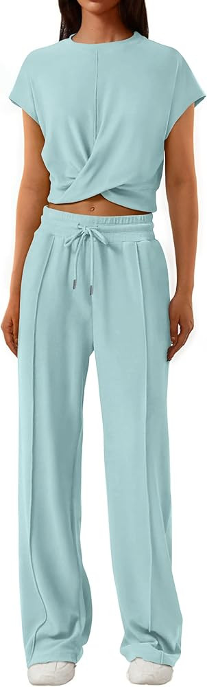 PRETTYGARDEN Women's Summer Two Piece Outfits Tracksuit Twist Front Crop Tops T Shirts Wide Leg P... | Amazon (US)