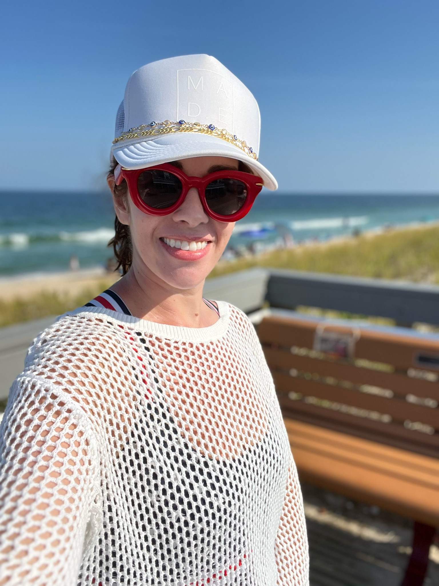 Swimsuit (size medium). White crochet top (size small). #hat #truckerhat #whitehat #sunglasses #redsunglasses #onepiece #bathingsuit #swimsuit #top #whitetop #crochettop #swim #summerstyle

#LTKSwim #LTKFindsUnder100 #LTKStyleTip