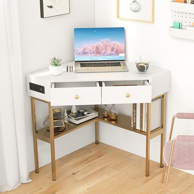 Corner Desk with Power Outlet, 90 Degrees Triangle Desk w/Storage Shelves and Drawers, Corner Mak... | Amazon (US)
