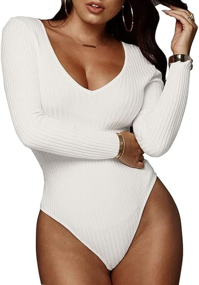 PALINDA Women's Deep V Neck Long Sleeve Bodysuit Ribbed Knit Stretchy Thong Bodysuit Tops | Amazon (US)