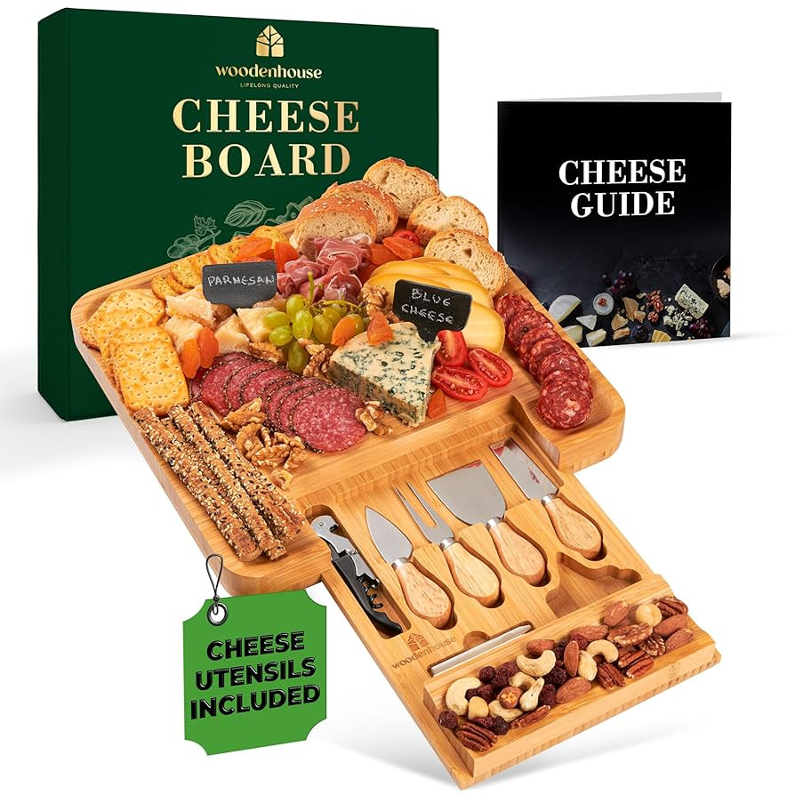 Cheese Platter and Meat Tray - Bamboo Charcuterie Board Set With Utensils and Wine Opener Include... | Amazon (US)