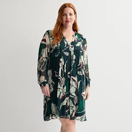 Plus Size Nine West Ruffle Neck Pintuck Mini Dress, Women's, Size: 4XL, Black Estelle Floral | Kohl's