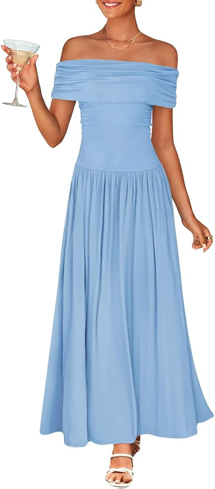 ZESICA Women's Off The Shoulder Maxi Dress 2026 Summer Sleeveless Casual Slim Swing Pleated Forma... | Amazon (US)