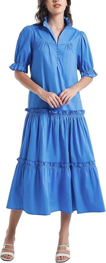 D-Sun Women Casual Button Down Maxi Dress Short Puff Sleeves Stand Collar Tiered Elegant Flowy Sw... | Amazon (US)
