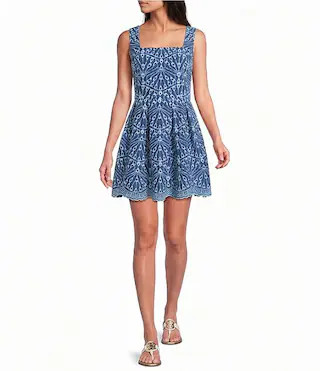 Cindy Queen Scalloped Eyelet Square Neck Sleeveless Skirted Romper | Dillard's