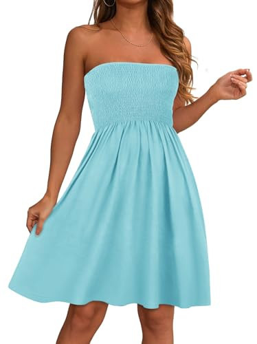 Summer Dresses for Women Strapless Casual Beach Cover Ups Tube Top Sundress（Aqua Blue, S | Amazon (US)