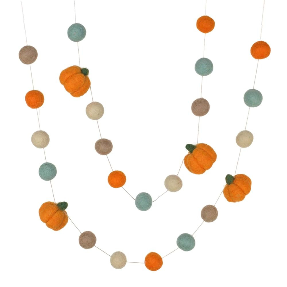 Felt Pumpkin Garland- Orange Teal Tan- Fall Autumn Thanksgiving- Felt Balls and Light Orange Pump... | Amazon (US)