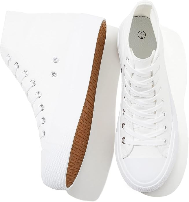 Amazon.com | FRACORA Womens High Top Canvas Shoes White Black Platform Sneakers Lace Up Shoes for... | Amazon (US)
