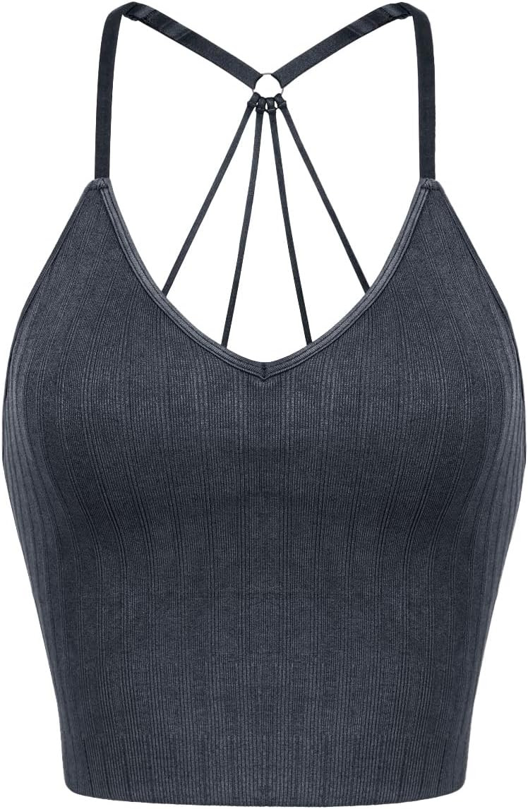 ODODOS Seamless Padded Sports Bra for Women Strappy Longline Wirefree Brami Ribbed Crop Tank Tops | Amazon (US)