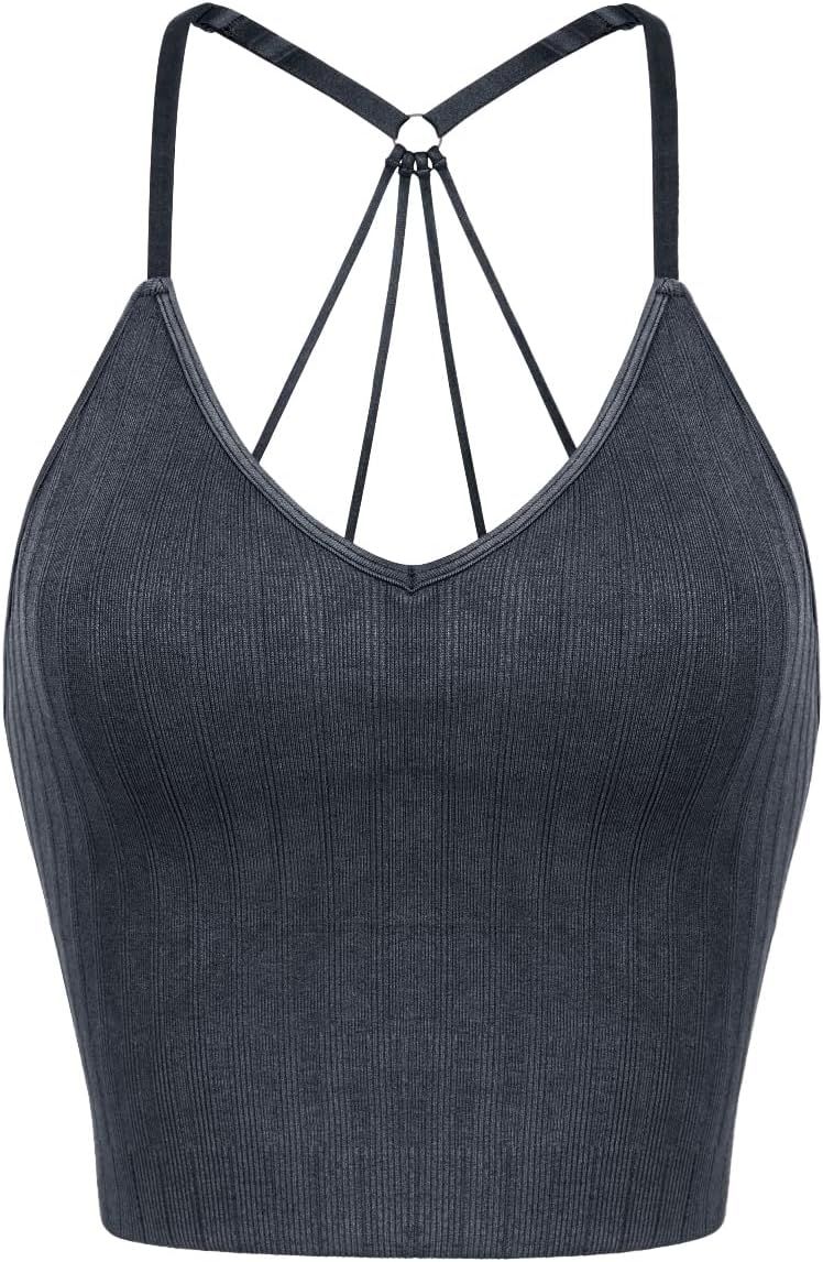 ODODOS Seamless Padded Sports Bra for Women Strappy Longline Wirefree Brami Ribbed Crop Tank Tops | Amazon (US)