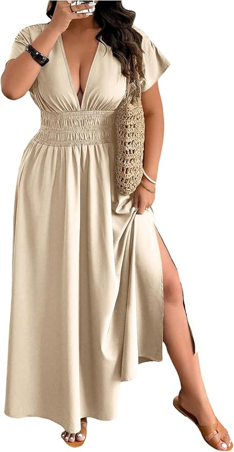 SOLY HUX Women's Plus Size Deep V Neck Maxi Dress Short Sleeve Split Hem Flowy Summer Dresses | Amazon (US)