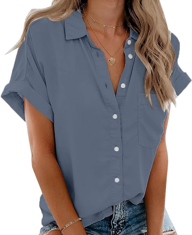 Beautife Womens Short Sleeve Shirts V Neck Collared Button Down Shirt Tops with Pockets | Amazon (US)