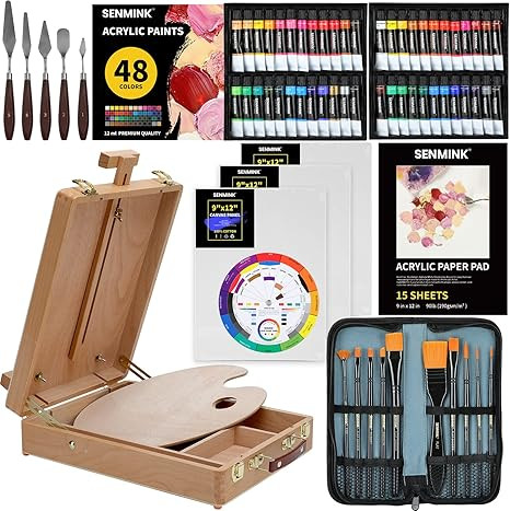 69 Pcs Artists Painting Set with Wood Box Easel，48×12ML Acrylic Painting Set, Canvas 9x12 inch... | Amazon (US)