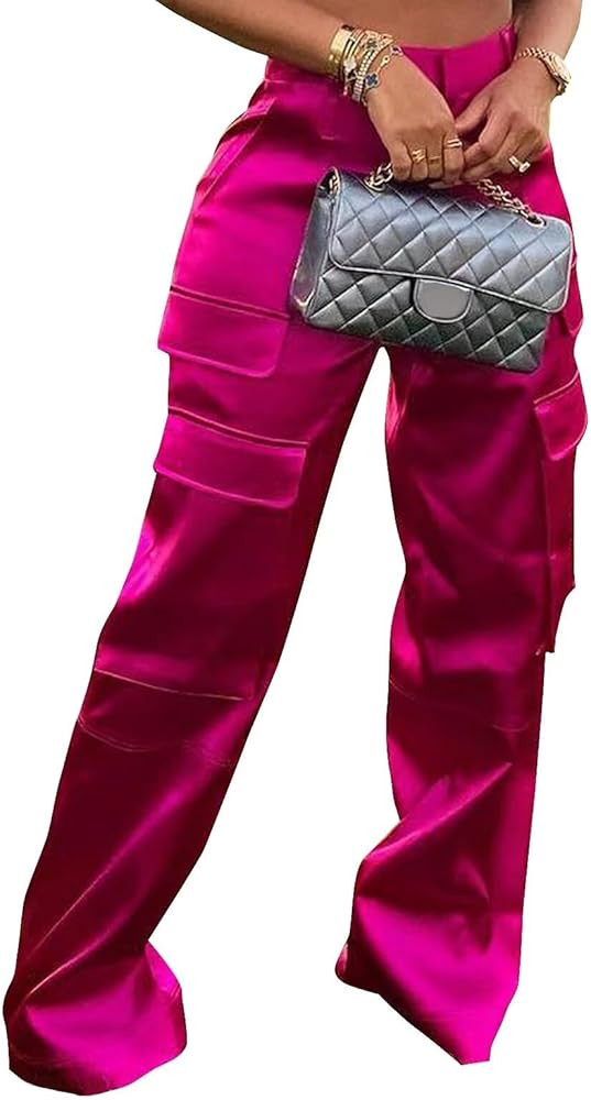 Women's Shiny Satin Cargo Pants Silky Metallic Extra Long Casual Trousers with Multi Pockets | Amazon (US)
