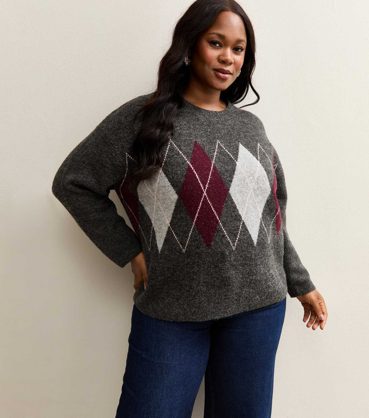 Curves Grey Argyle Knit Oversized Jumper | New Look | New Look (UK)